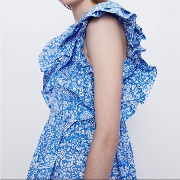 Zara Bloggers Fave Blue Floral Paisley Ruffle Dress - Picture 3 of 8